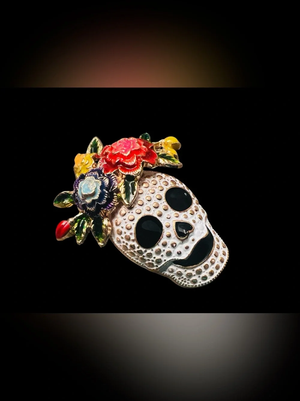 Floral Skull Enamel Gold Tone Brooch